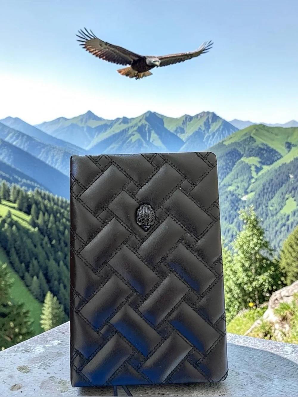 Kurt Geiger London Shoreditch black quilted leather notebook journal Eagle head